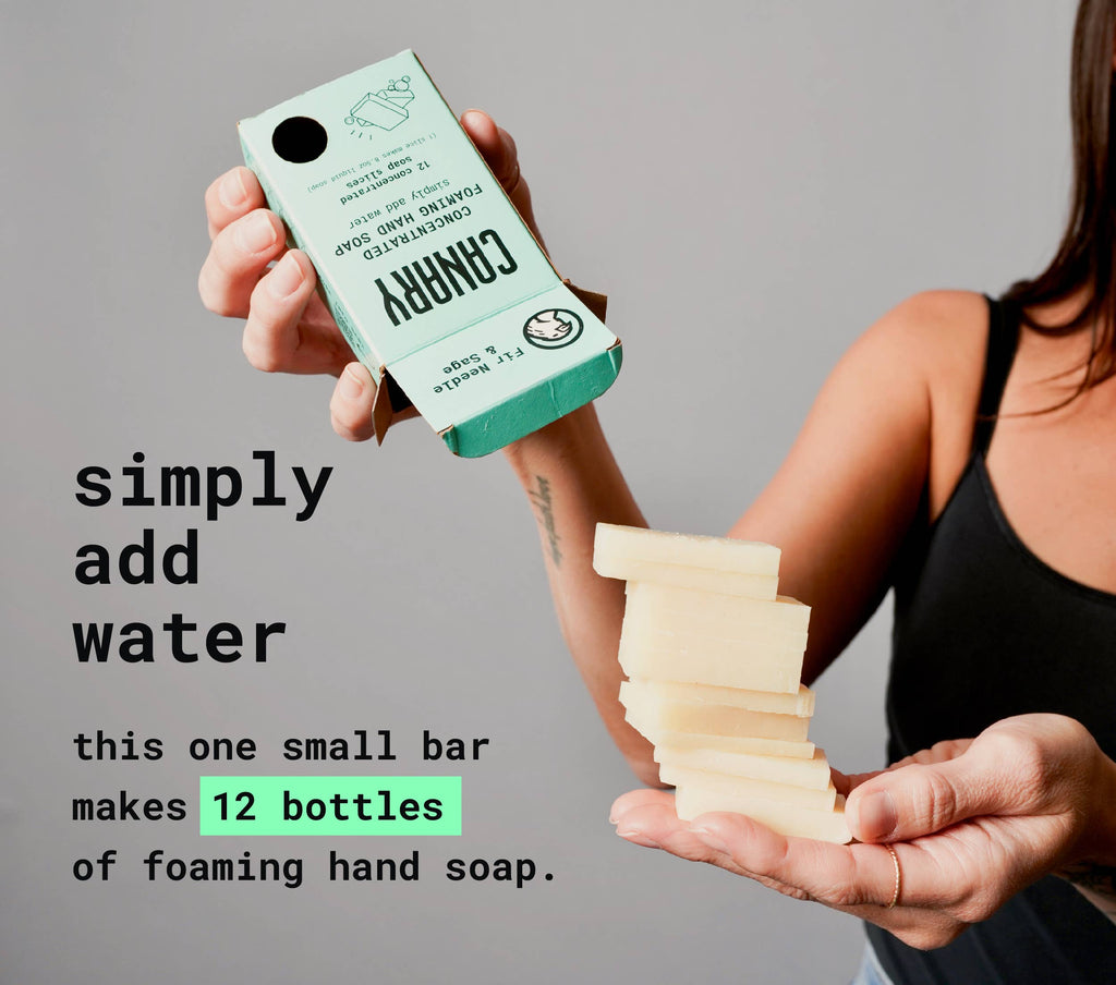 A person holding a stack of Canary Clean Products solid soap bars next to packaging that suggests these bars, once used in a refillable bottle, can replace 12 bottles of concentrated foaming hand soap, implying an eco-friendly alternative.