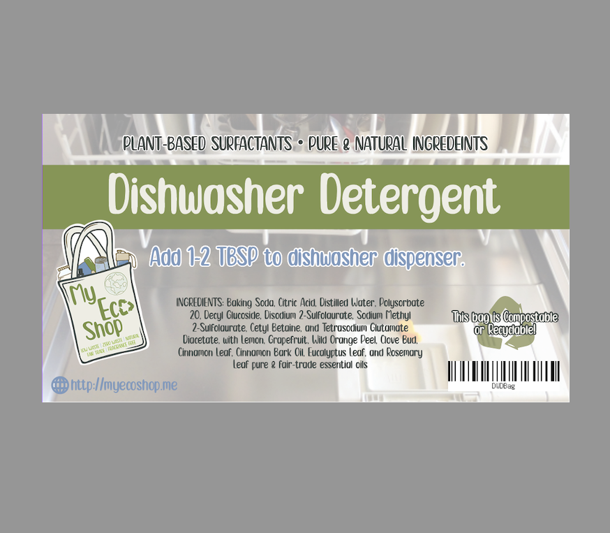 Label of natural dishwasher detergent with ingredients list