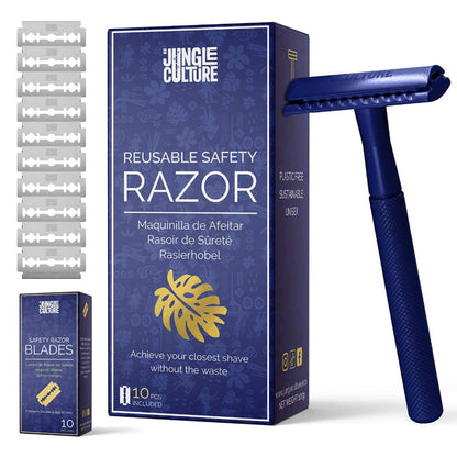 Reusable Metal Safety Razors - Includes 10x Razor Blades: Classic Silver