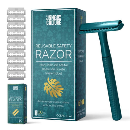 Reusable Metal Safety Razors - Includes 10x Razor Blades: Classic Silver