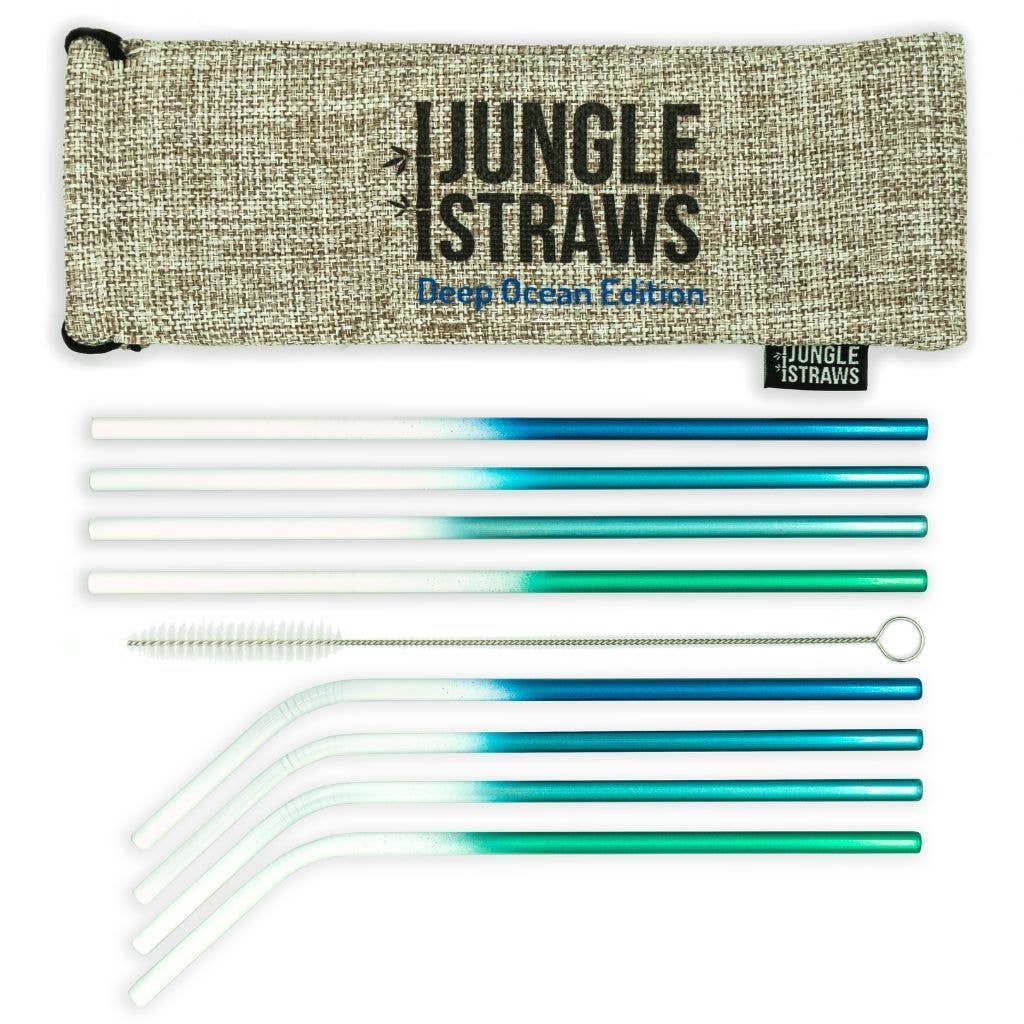 A set of Jungle Culture - Stainless Steel Straws - Reusable Metal Straw Set in Deep Ocean Blue, including both straight and bent versions, displayed alongside a natural-colored carrying pouch with the text "jungle straws" and "deep".