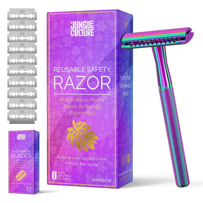 Reusable Metal Safety Razors - Includes 10x Razor Blades: Rainbow