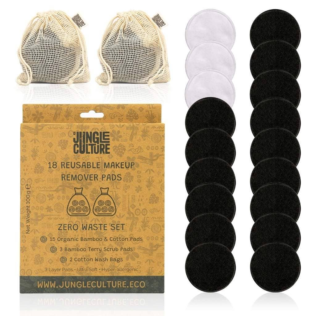 A package of Jungle Culture organic cotton reusable makeup remover pads and a package of Jungle Culture cotton pads.