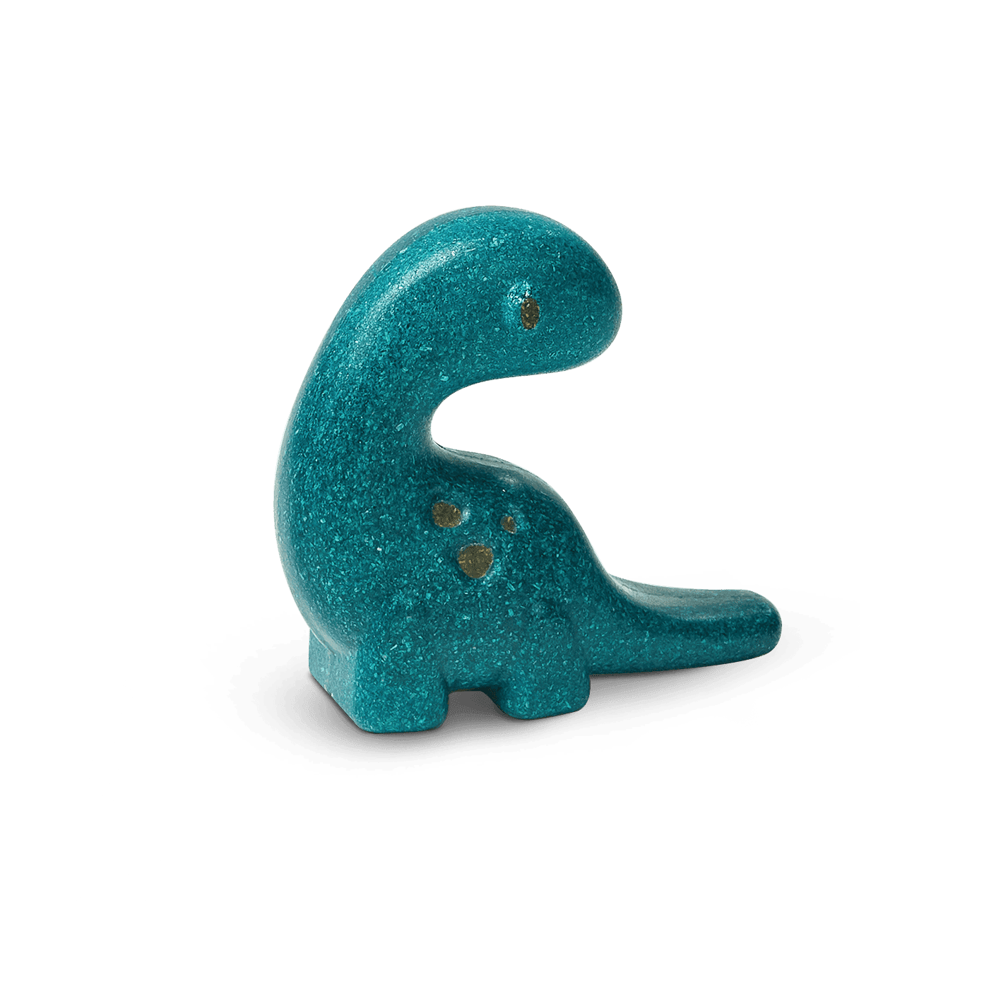 A teal-colored PlanToys - Diplodocus with a sparkling texture against a green background, made by PlanToys from sustainable materials.