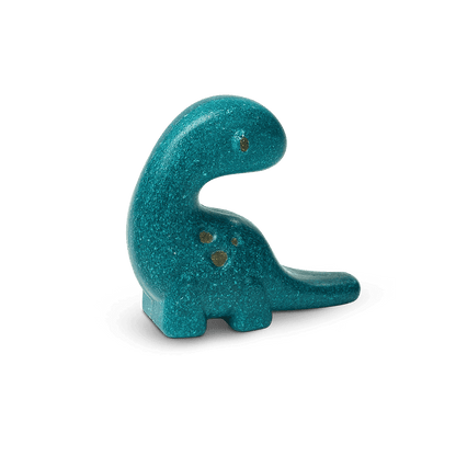 A teal-colored PlanToys - Diplodocus with a sparkling texture against a green background, made by PlanToys from sustainable materials.