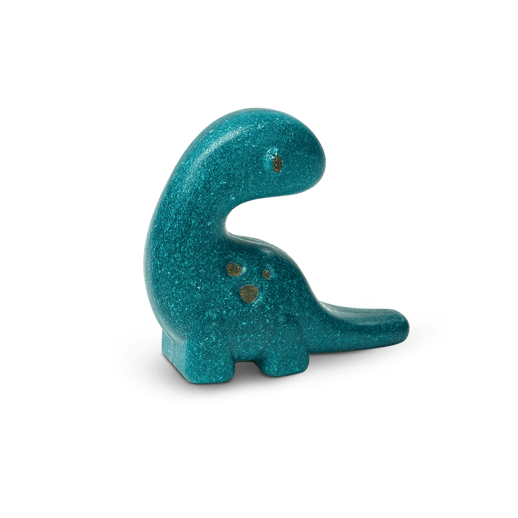 A teal-colored PlanToys - Diplodocus with a sparkling texture against a green background, made by PlanToys from sustainable materials.