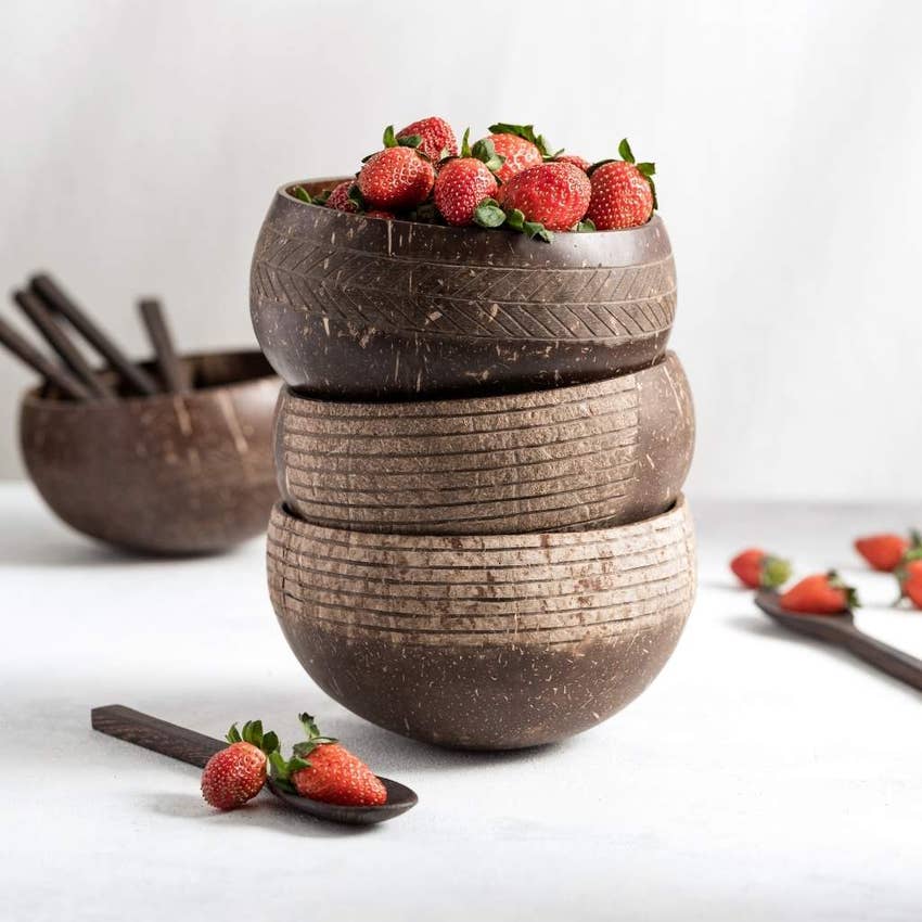 Coconut Bowls and Wooden Spoon Combo