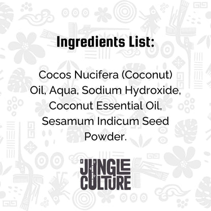 Ingredients list for a Jungle Culture coconut husk body soap displaying coconut oil, water, sodium hydroxide, coconut essential oil, and sesame seed powder on a background with assorted icons.