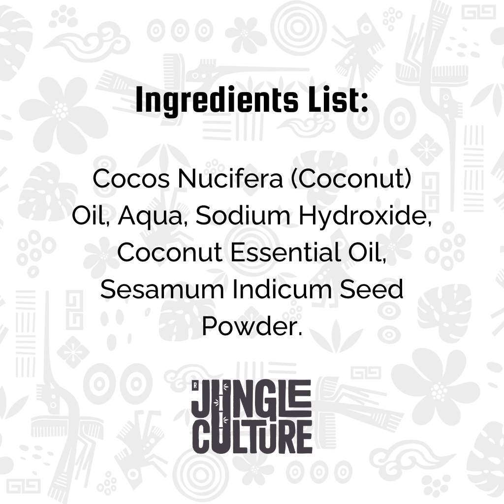 Ingredients list for a Jungle Culture coconut husk body soap displaying coconut oil, water, sodium hydroxide, coconut essential oil, and sesame seed powder on a background with assorted icons.